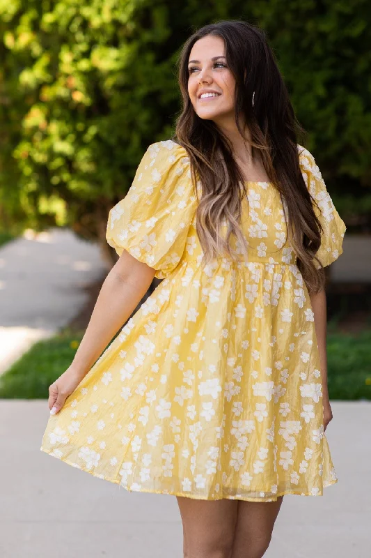 Mini Dresses with stylish color details-Pastel Yellow Floral Puff Sleeve Dress