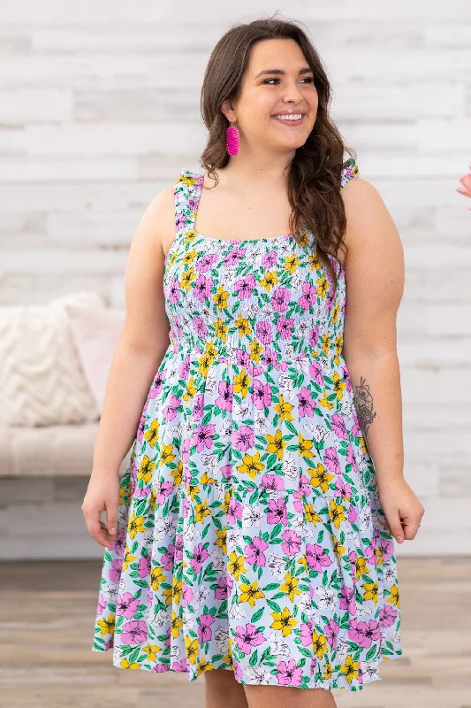 Mini Dresses for a day in the sun-Pink Multicolor Floral Smocked Bodice Dress