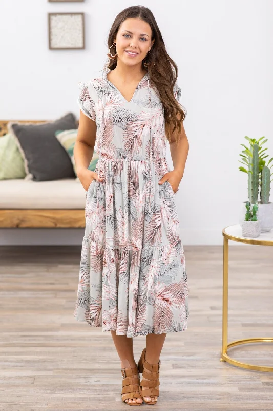 Mini Dresses with a deep neckline-Sage and White Palm Print Cap Sleeve Dress