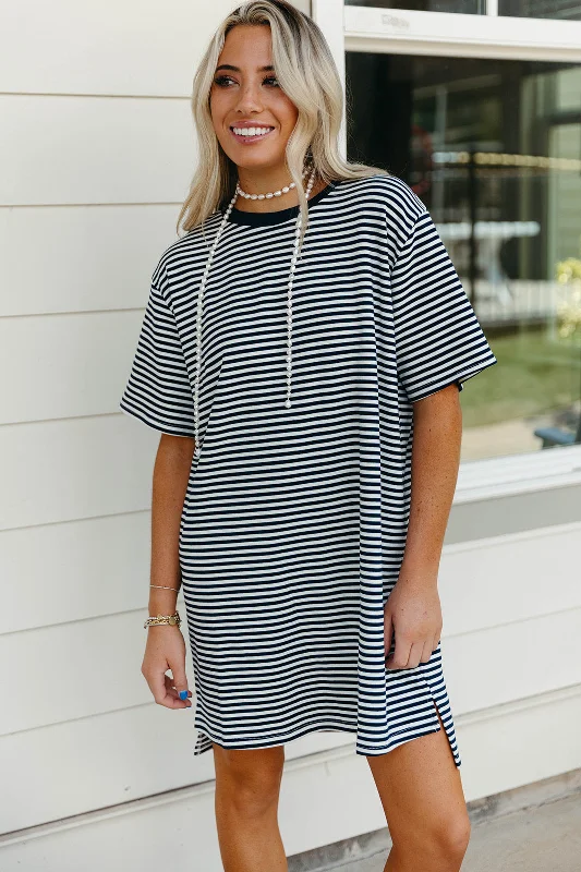 Mini Dresses for a cozy dinner date-Sienna Stripe Mini Dress - Navy