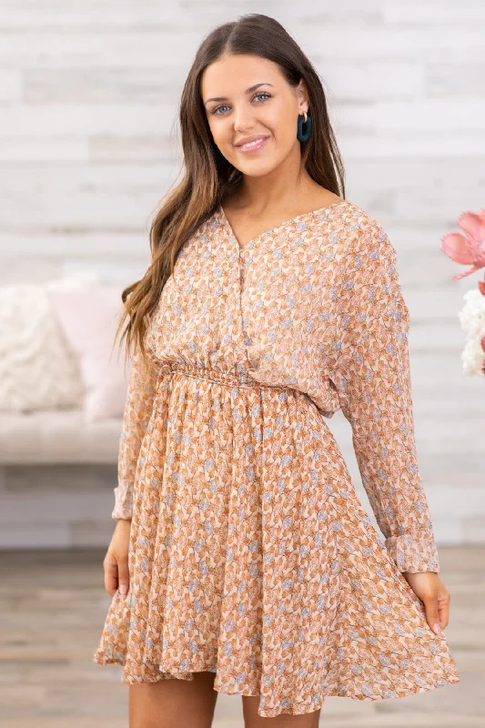 Mini Dresses with trendy necklines-Tan Surplice Front Floral Long Sleeve Dress