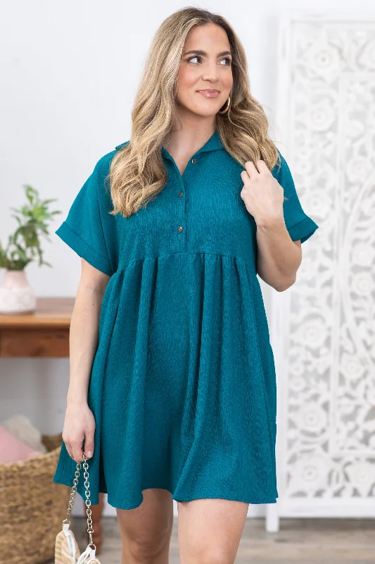 Mini Dresses for sunny days-Teal Woven Short Sleeve Collar Button Dress