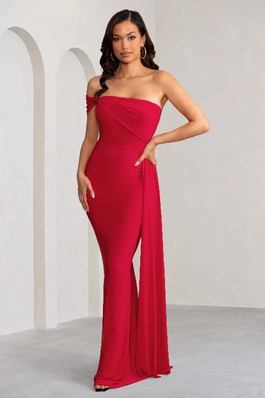 Maxi dresses for a formal wedding reception in a ballroom -Aaliyah | Red Asymmetric Bardot Maxi Dress with Drape