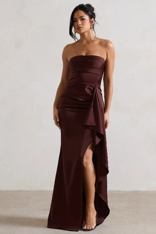 Maxi dresses for an elegant dinner at a five-star restaurant -Ace | Chocolate Brown Satin Bandeau Split Maxi Dress With Ruffle Drape