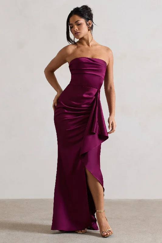 Maxi dresses with a flowing skirt for comfort and style -Ace | Plum Satin Bandeau Split Maxi Dress With Ruffle Drape