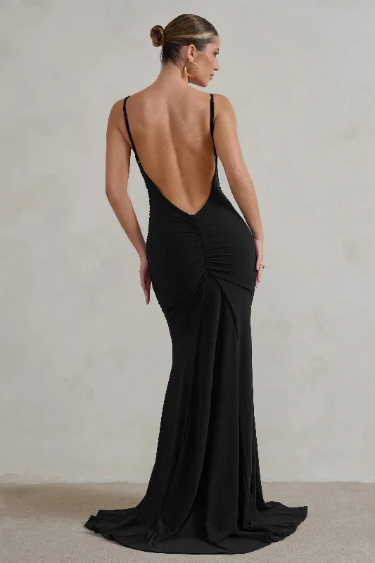 Maxi dresses for a luxurious evening wedding in the city -Adele | Black Ruched Fishtail Cami Maxi Dress