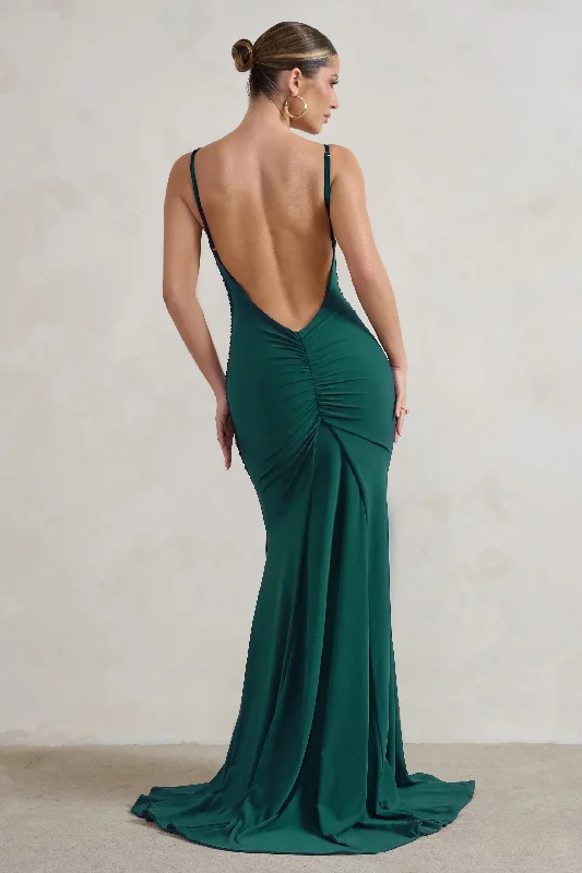 Maxi dresses for a glamorous rooftop wedding reception -Adele | Bottle Green Backless Ruched Fishtail Cami Maxi Dress