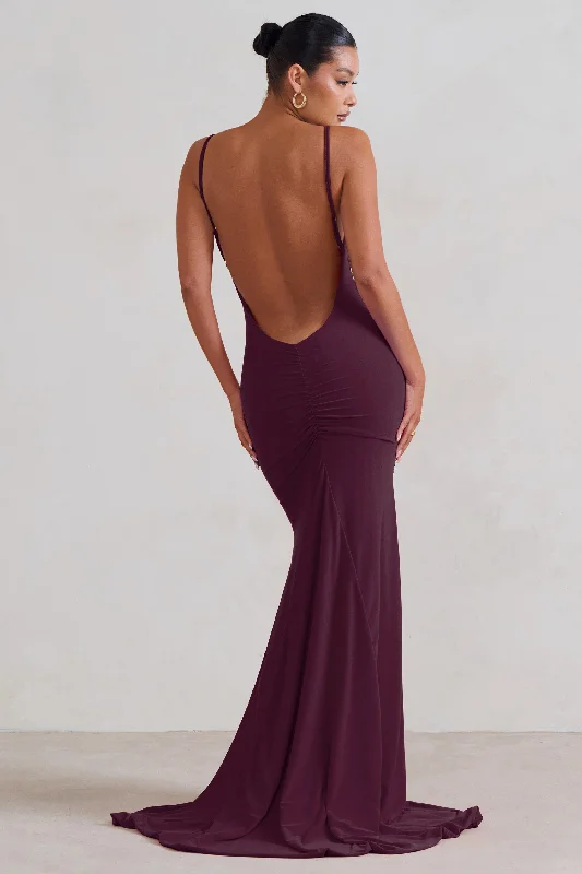 Maxi dresses for a stylish destination wedding on the coast -Adele | Plum Backless Ruched Fishtail Cami Maxi Dress