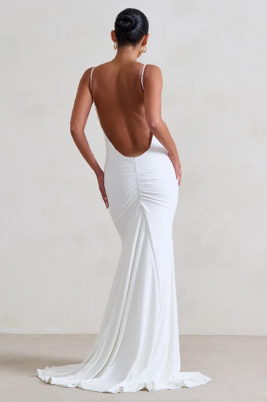 Maxi dresses for an elegant evening gathering in the countryside -Adele | White Ruched Fishtail Cami Maxi Dress