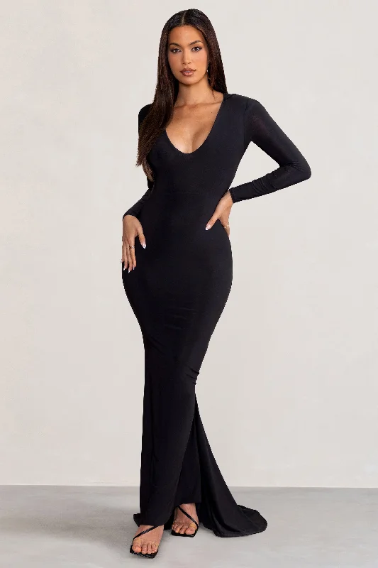 Maxi dresses for a sophisticated outdoor wedding reception -Adore | Black Long Sleeve Plunge Maxi Dress with Hood