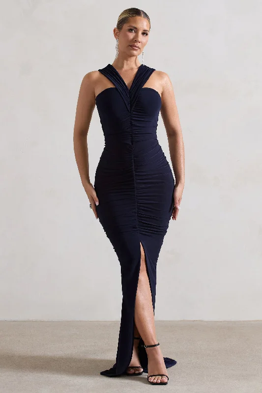 Maxi dresses for a sophisticated family dinner by the lake -Aida | Navy Ruched V-Neck Split Maxi Dress