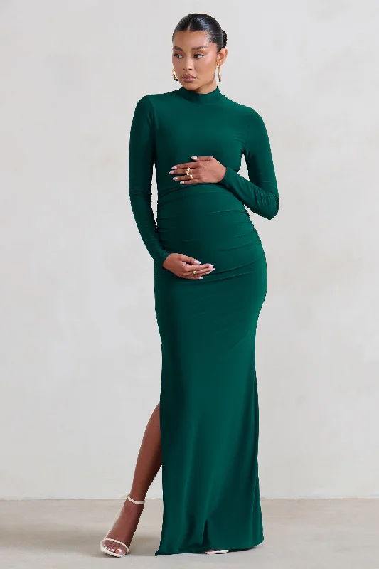 Maxi dresses for a chic winter wedding at a snowy resort -Alejandra | Green Maternity Long Sleeve High Neck Maxi Dress