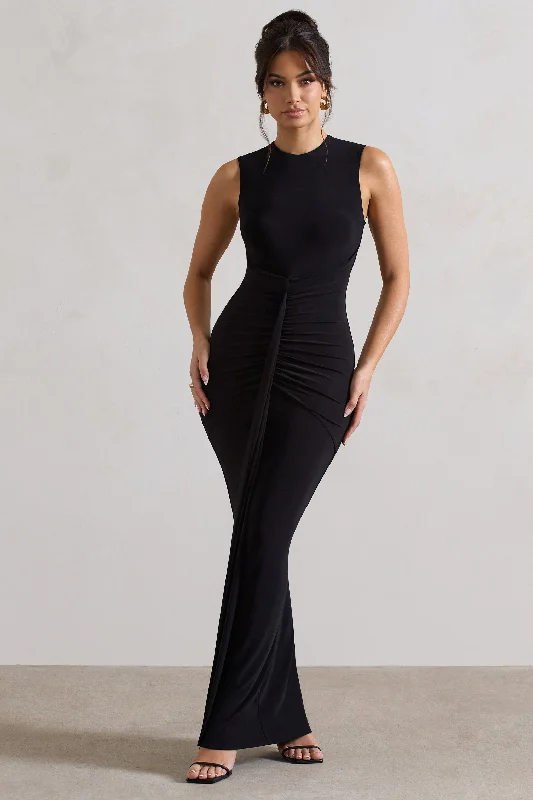 Maxi dresses for a luxurious destination wedding by the sea -Alexa | Black High-Neck Gathered Maxi Dress With Drape