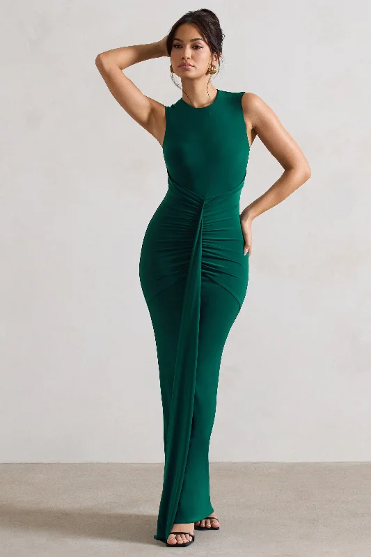 Maxi dresses with detailed embroidery for a vintage feel -Alexa | Bottle Green High-Neck Gathered Maxi Dress With Drape