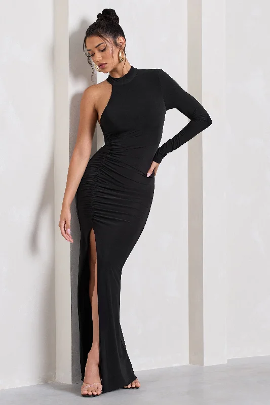 Maxi dresses for a formal gathering at an upscale hotel -Alina | Black Ruched High-Neck Asymmetric Split Maxi Dress