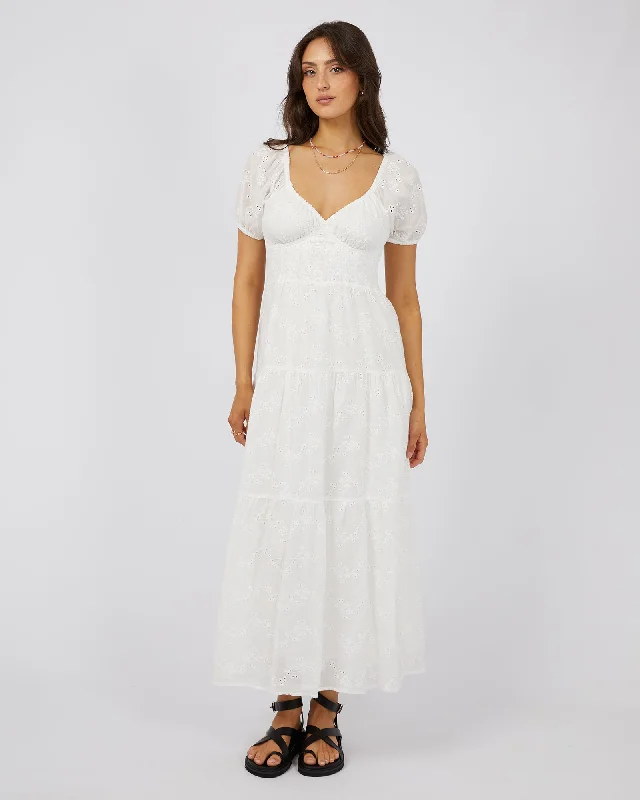 Maxi dresses for a chic winter wedding at a snowy resort -All About Eve Sutton Broderie Maxi Dress Vintage White