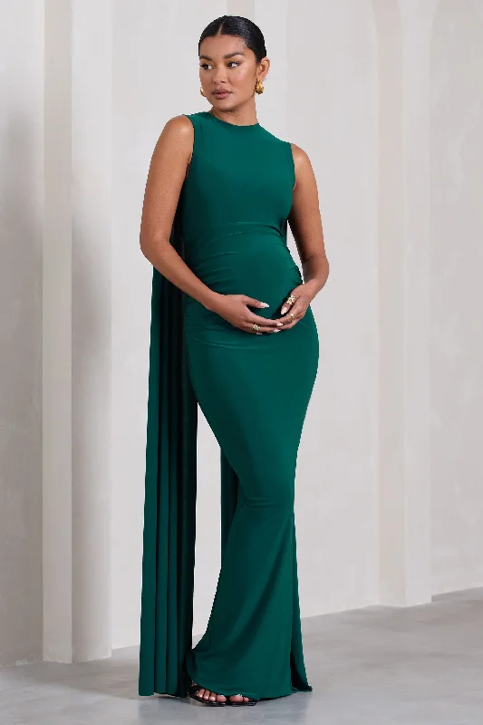 Maxi dresses for an elegant evening gathering in the countryside -Allora | Bottle Green High-Neck Sleeveless Cape Maternity Maxi Dress