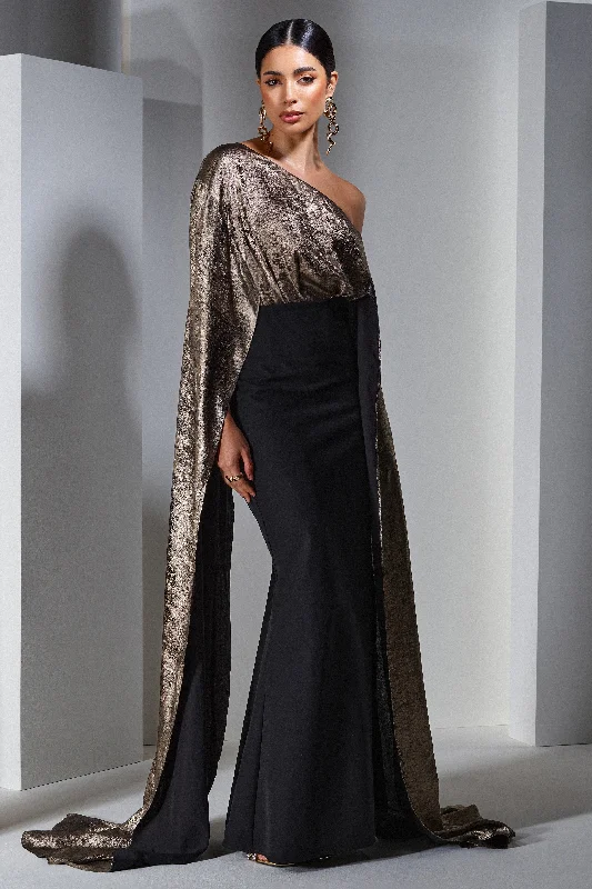 Maxi dresses for a luxury outdoor wedding celebration -Alura | Black & Gold Metallic One Shoulder Cape Maxi Dress