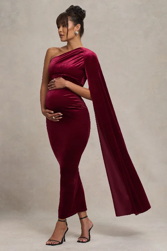 Maxi dresses for an upscale garden wedding with family -Amaryllis | Berry Velvet Maternity One Shoulder Maxi Dress with Cape Sleeve