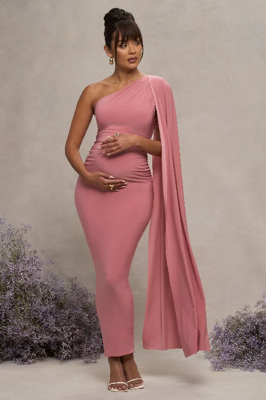 Maxi dresses with lace for an elegant look -Amaryllis | Blush Pink Maternity One Shoulder Maxi Dress with Cape Sleeve