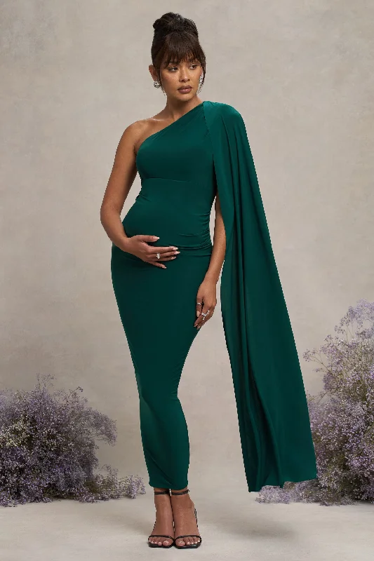 Maxi dresses for a chic garden party in the evening -Amaryllis | Bottle Green Maternity One Shoulder Maxi Dress with Cape Sleeve