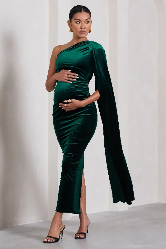 Maxi dresses for a romantic evening out in a stylish restaurant -Amaryllis | Bottle Green Velvet Maternity One Shoulder Maxi Dress with Cape Sleeve