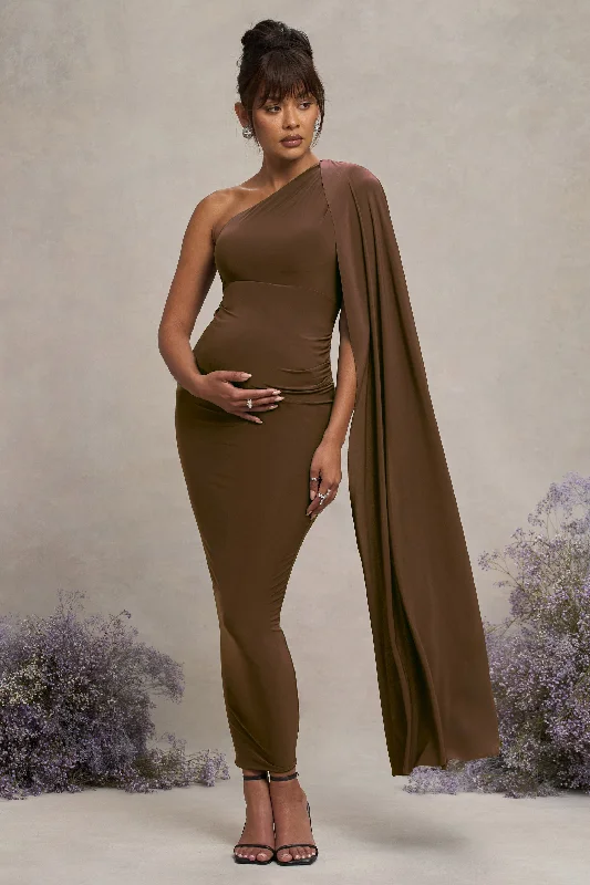 Maxi dresses for a stylish destination wedding at a villa -Amaryllis | Chocolate Maternity One Shoulder Maxi Dress with Cape Sleeve