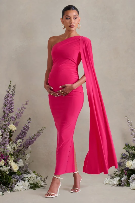 Maxi dresses for a garden dinner party in the summer -Amaryllis | Hot Pink Maternity One Shoulder Maxi Dress with Cape Sleeve