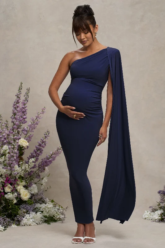 Maxi dresses for family gatherings at a beach house -Amaryllis | Navy Maternity One Shoulder Maxi Dress with Cape Sleeve