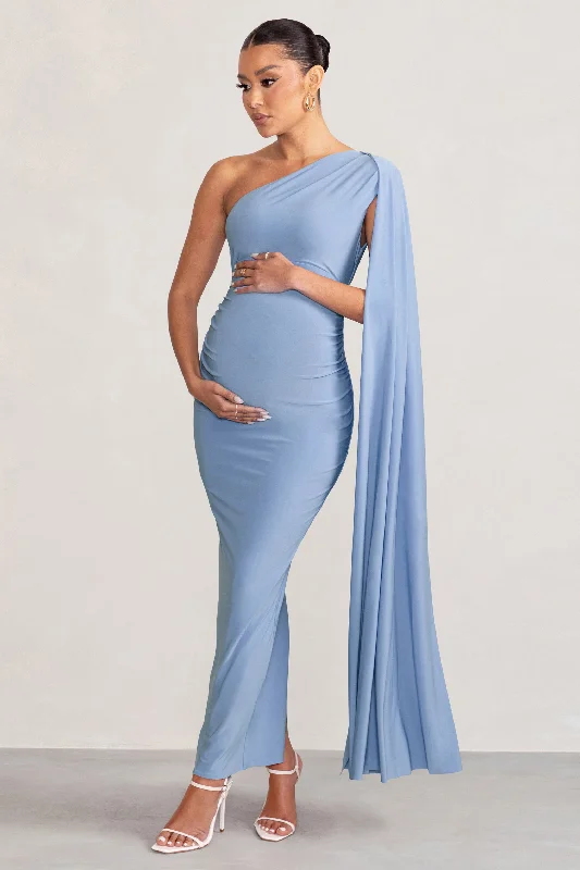 Maxi dresses with a high slit for added drama -Amaryllis | Powder Blue Maternity One Shoulder Maxi Dress with Cape Sleeve