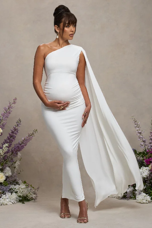 Maxi dresses for an upscale dinner in a luxury hotel -Amaryllis | White Maternity One Shoulder Maxi Dress with Cape Sleeve