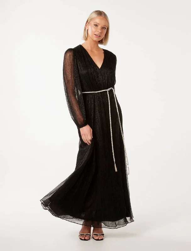 Maxi dresses for an intimate rooftop celebration in the city -Amina Diamante Belt Plisse Maxi Dress