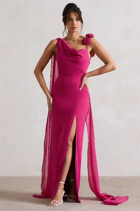 Maxi dresses for an elegant dinner celebration in the countryside -Angeline | Dark Pink Chiffon Draped Split Maxi Dress With Corsages