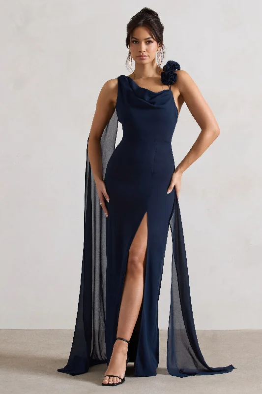 Maxi dresses for a chic cocktail party in a luxury penthouse -Angeline | Navy Chiffon Draped Split Maxi Dress With Corsages