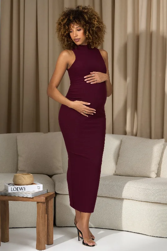 Maxi dresses with a wrap-around style for a flattering fit -Anika | Burgundy High-Neck Sleeveless Split Maternity Maxi Dress