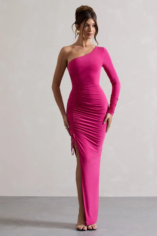 Maxi dresses for a tropical family reunion celebration -Anima | Dark Pink Asymmetric Ruched One-Sleeve Maxi Dress