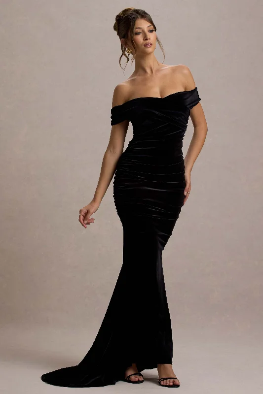 Maxi dresses with a modern asymmetrical design for evening wear -Apolline | Black Velvet Off The Shoulder Ruched Fishtail Maxi Dress