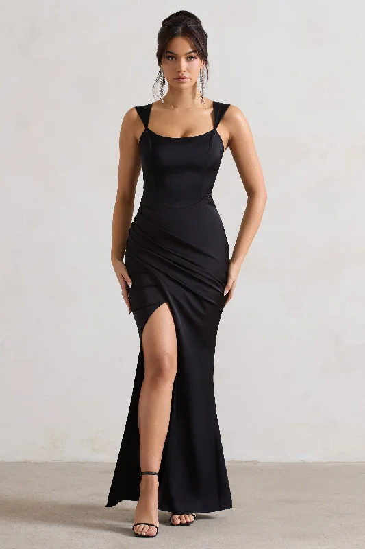 Maxi dresses for a chic winter evening event in the city -A Romantic | Black Satin Corset Wrap Maxi Dress