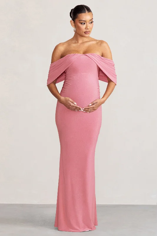 Maxi dresses with deep neckline designs for Asha | Blush Pink Draped Sleeve Bardot Maternity Maxi Dress