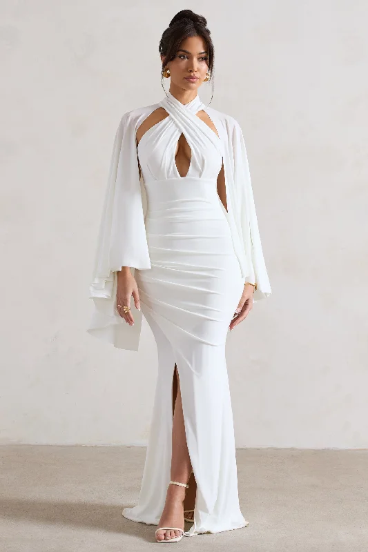 Maxi dresses for a chic summer evening soiree in the city -Audrina | White Ruched Halter-Neck Split Maxi Dress With Cape