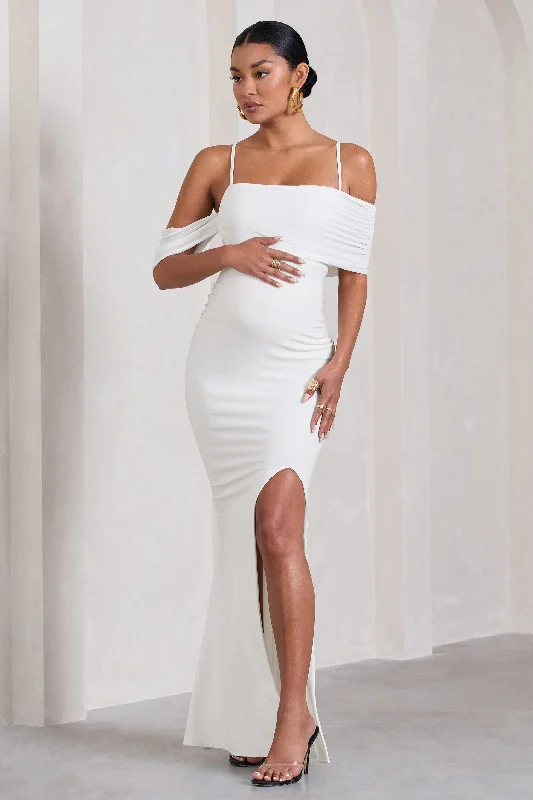 Maxi dresses for family vacation dinners in luxury resorts -Augusta | White Mesh Bardot Strappy Split Maternity Maxi Dress