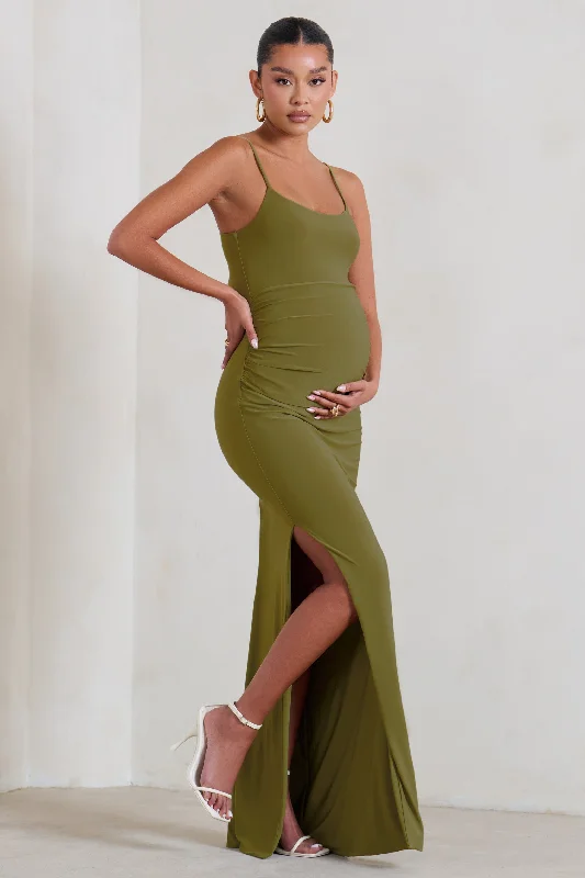 Maxi dresses with a flowing skirt for a relaxed look -Aurelia | Olive Green Maternity Cami Maxi Dress With Split