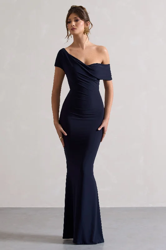 Maxi dresses for a formal celebration at a luxury hotel -Avila | Navy Asymmetric Bardot Maxi Dress