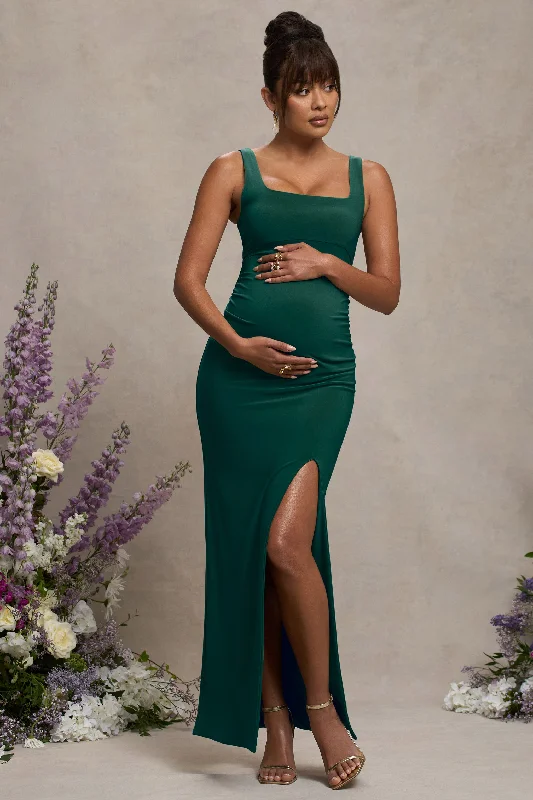 Maxi dresses for an elegant rooftop party -Avril | Bottle Green Square Neck Maternity Maxi Dress with Split