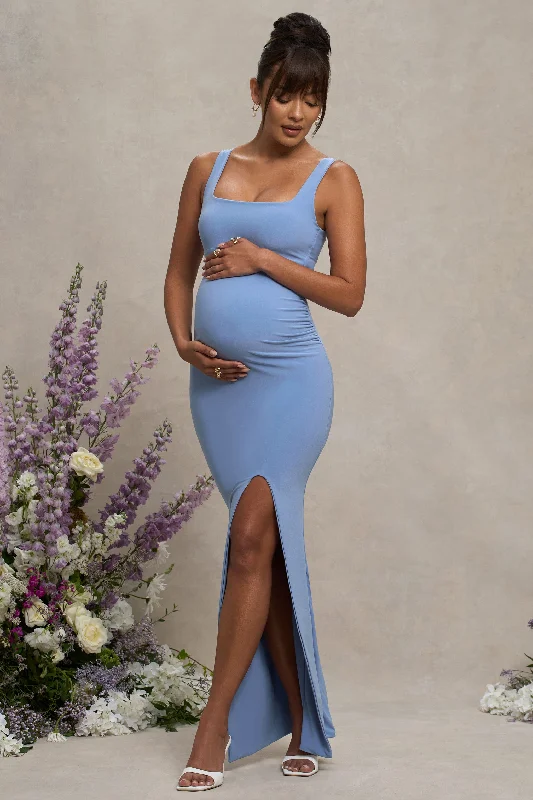 Maxi dresses for a romantic destination wedding reception -Avril | Powder Blue Square Neck Maternity Maxi Dress with Split