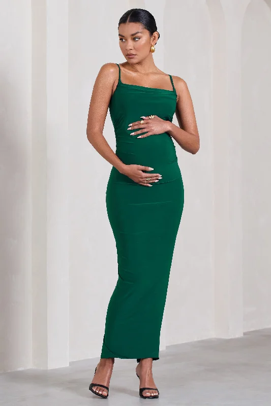 Maxi dresses with a simple silhouette for casual occasions -Azalea | Bottle Green Strappy Square-Neck Maternity Maxi Dress