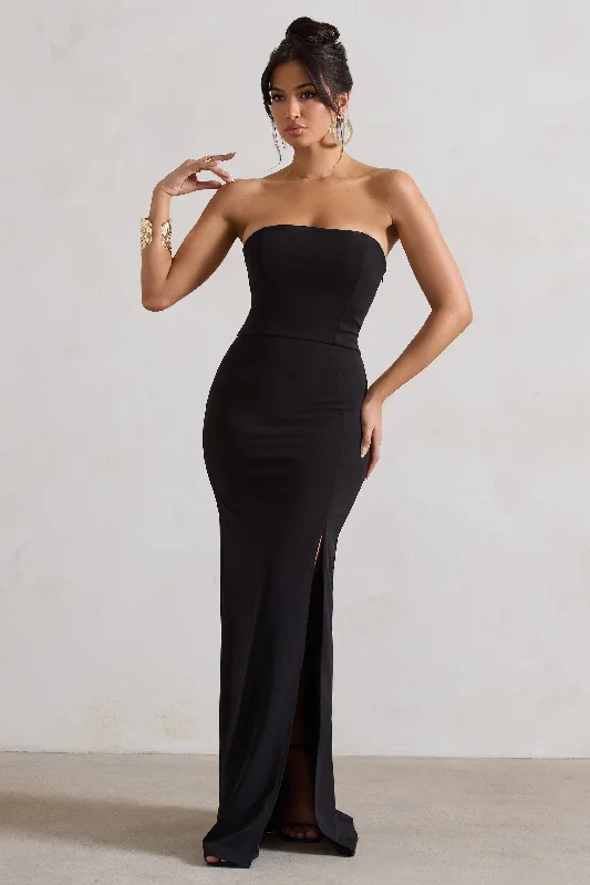 Maxi dresses with vintage lace details for a classic look -Belle of The Ball | Black Bandeau Maxi Dress With Split Hem