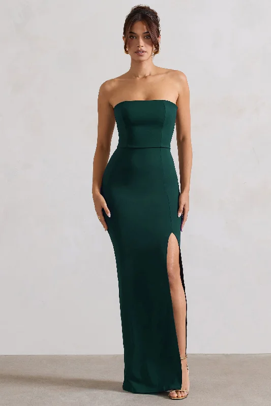 Maxi dresses with satin fabric for a sleek look -Belle of The Ball | Bottle Green Bandeau Maxi Dress With Split Hem