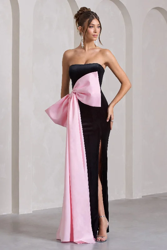 Maxi dresses for a luxurious cocktail event -Best Wishes | Black Velvet Bandeau Split Maxi Dress With Oversized Pink Bow