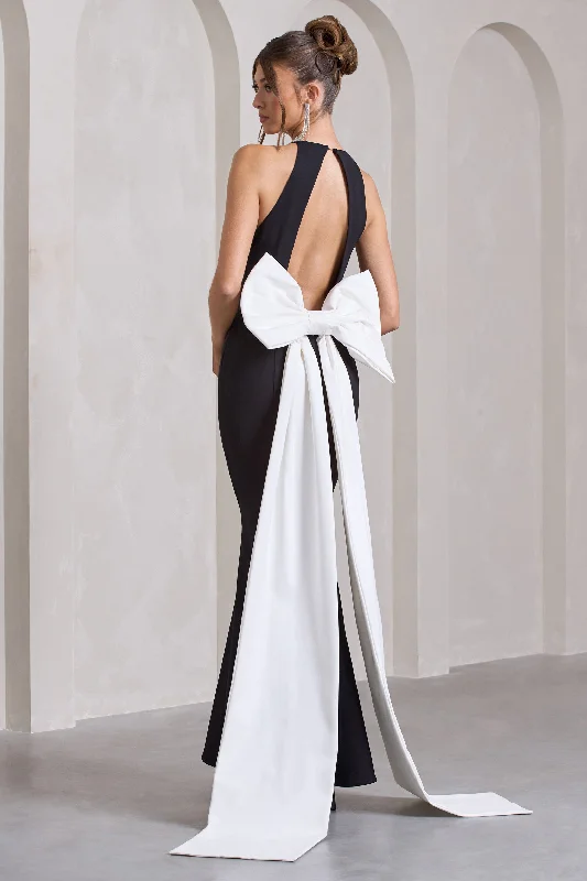 Maxi dresses for an outdoor picnic with friends -Bestow | Black Open-Back Maxi Dress With Oversized White Bow